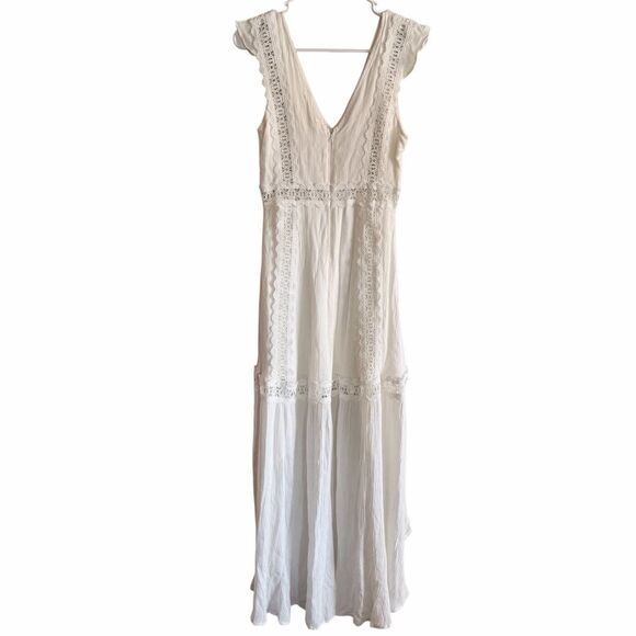 Here Comes The Sun White Hi-Low Crochet V-Neck Boho Coastal Maxi Dress Small - Picture 2 of 7